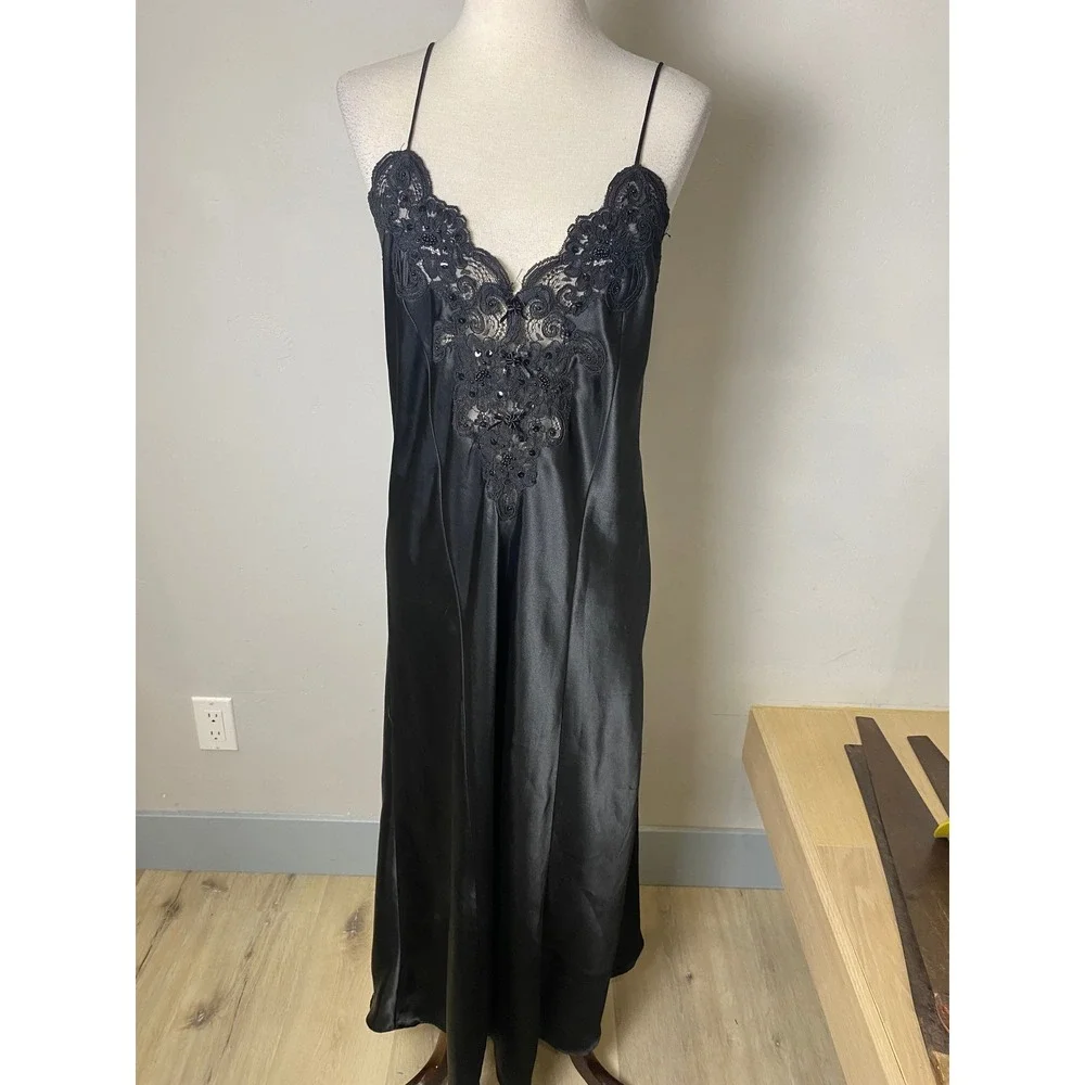 VTG Fredrick of Hollywood Black Satin Nightgown Slip Dress Maxi Lingerie Gown